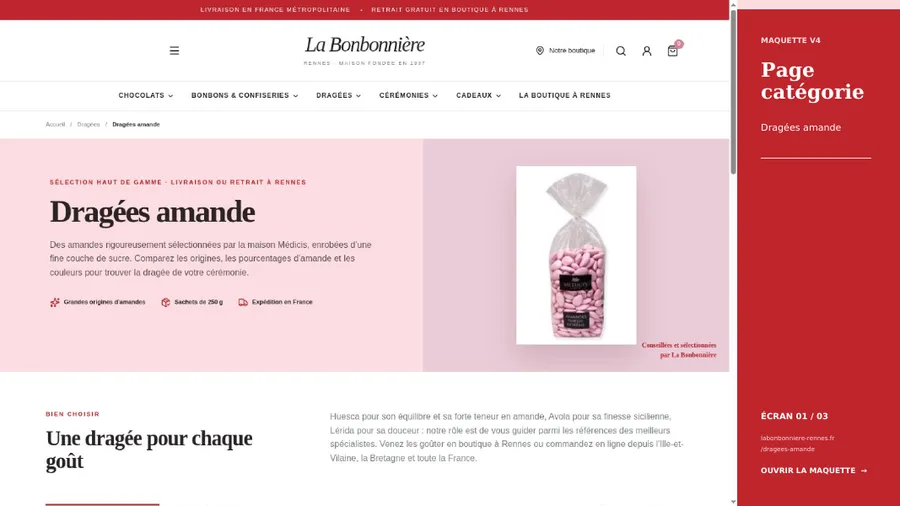 Maquette d’une page catégorie du site La Bonbonnière