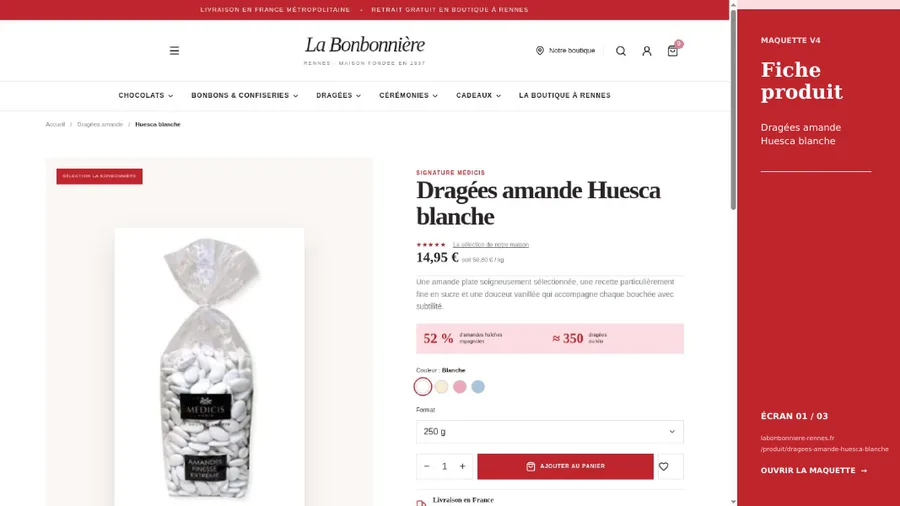 Maquette d’une fiche produit du site La Bonbonnière
